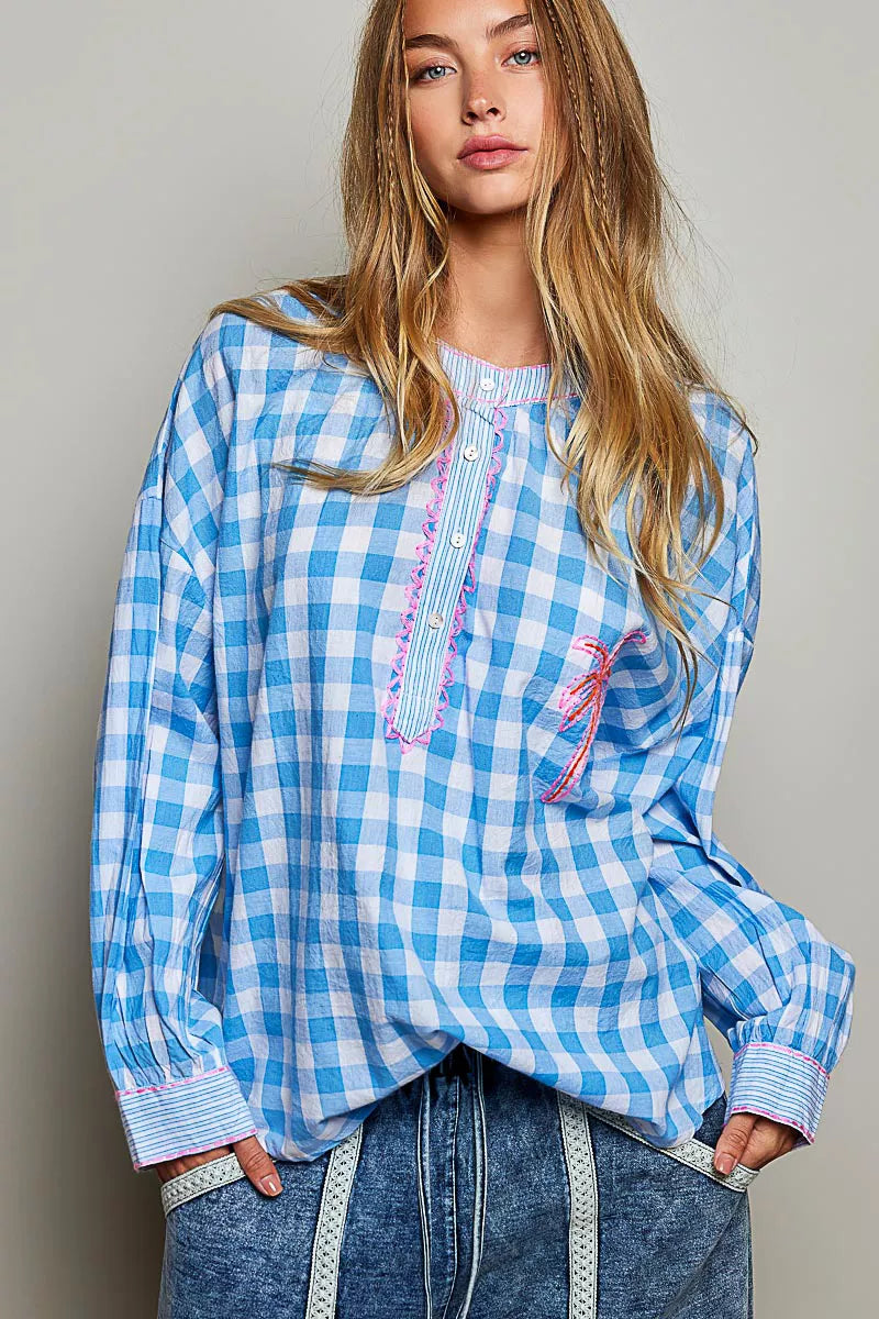 POL Gingham Embroidered Palm Tree Blouse