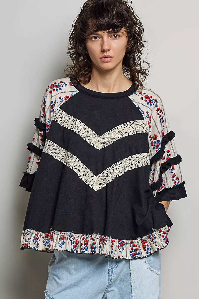 POL Round Neck Half Sleeve Contrast Floral Lace Oversized Knit Top