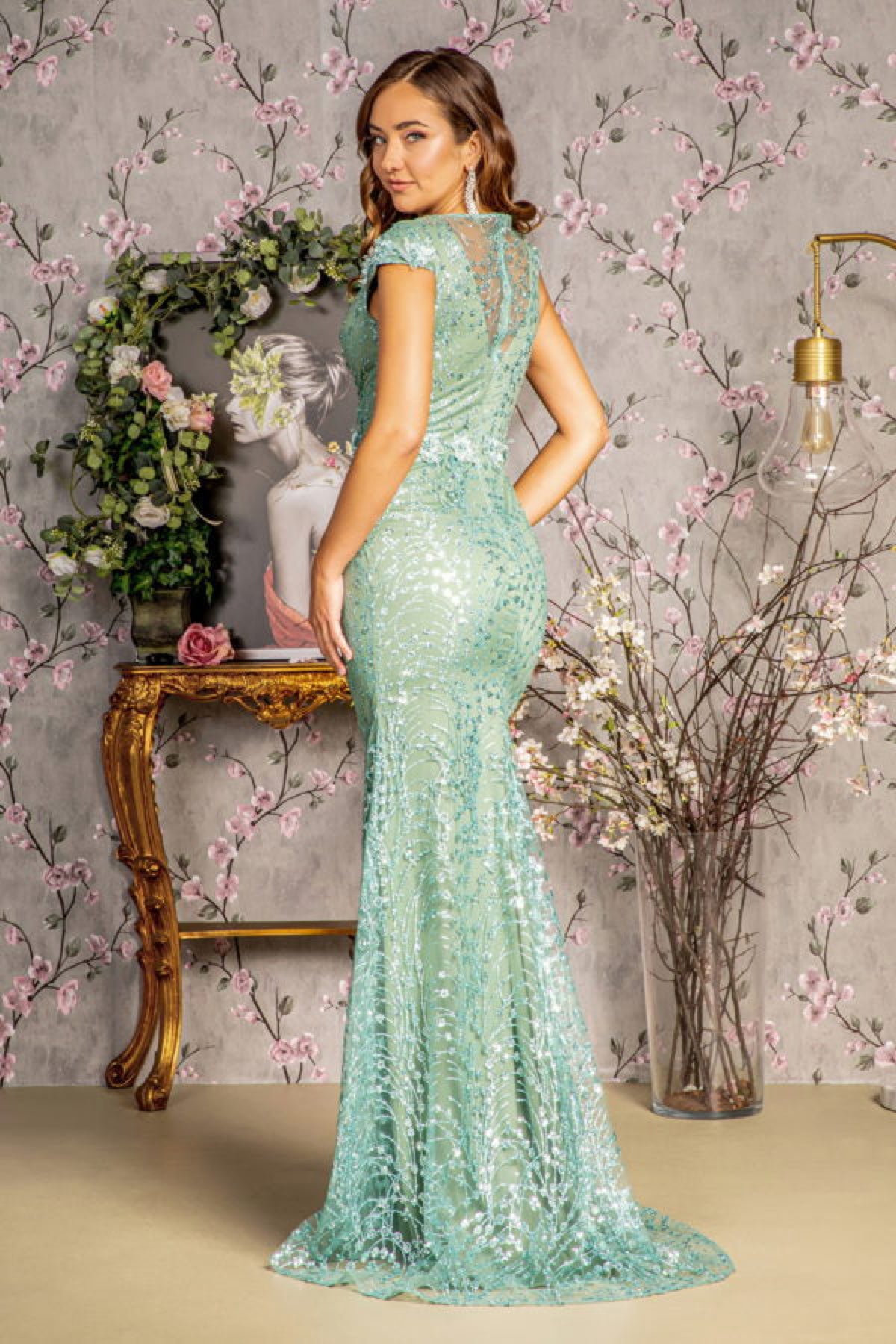 3-D Flower Glitter Sheer Neckline Mesh Mermaid Long Dress - EKOMSHOP product image