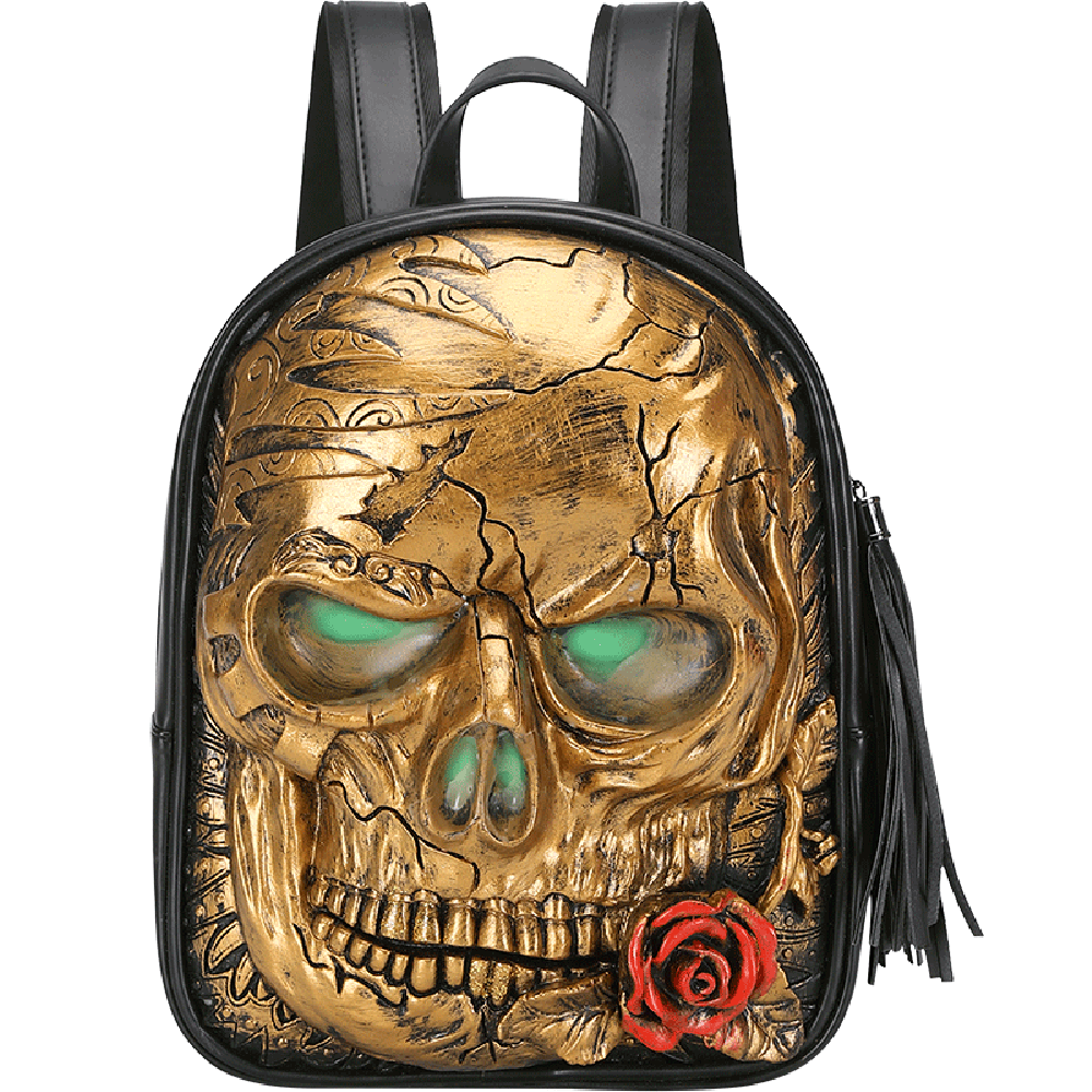 3D Skull With Rose Backpack ,3D Skull With Glowing Green Eyes