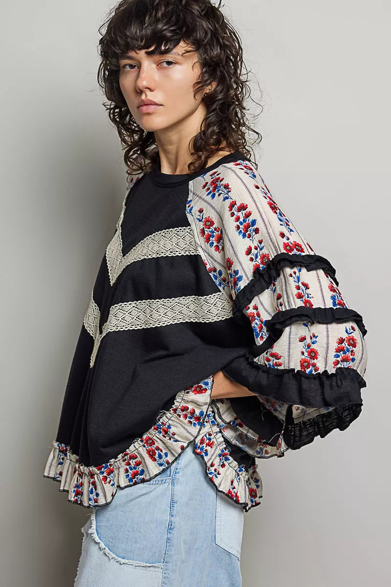 POL Round Neck Half Sleeve Contrast Floral Lace Oversized Knit Top