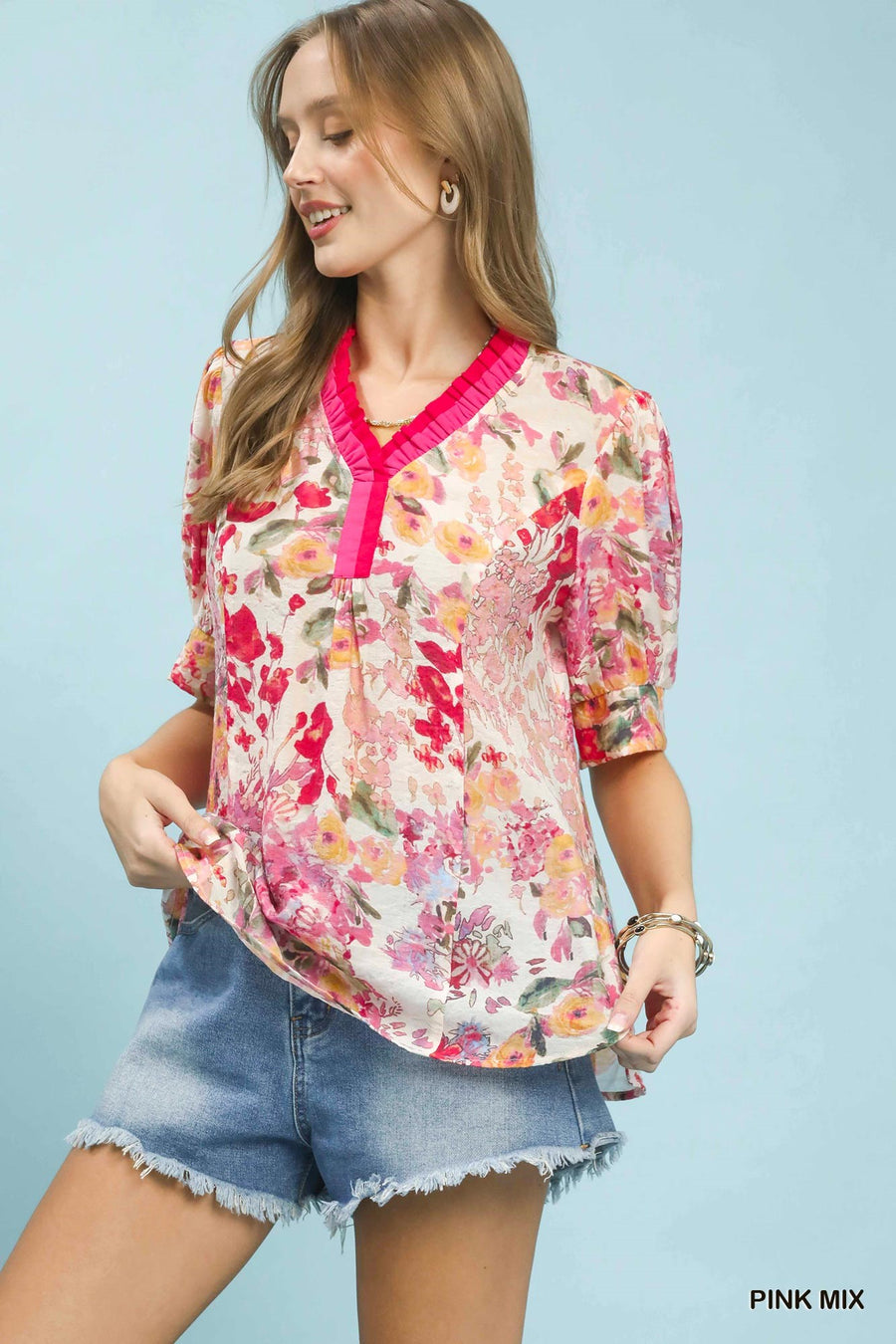 Umgee Floral Contrast Pleat Neck Top