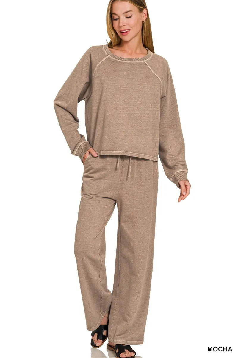 Zenana Washed F/terry Round Neck Pullover & Pants Set