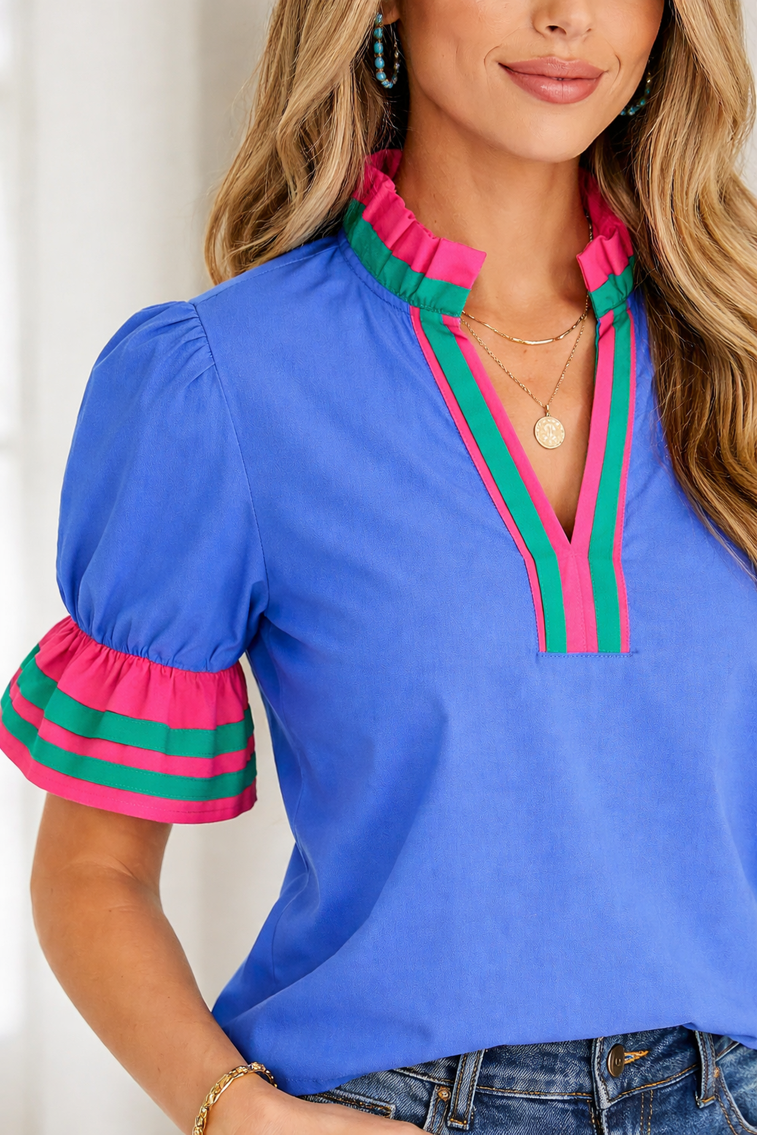 Journee Ruffled Short Sleeve Blouse