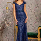 3-D Flower Glitter Sheer Neckline Mesh Mermaid Long Dress