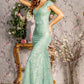 3-D Flower Glitter Sheer Neckline Mesh Mermaid Long Dress