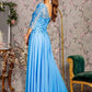 Bead Embroidery Sheer Neckline V-back Chiffon A-line Long Dress