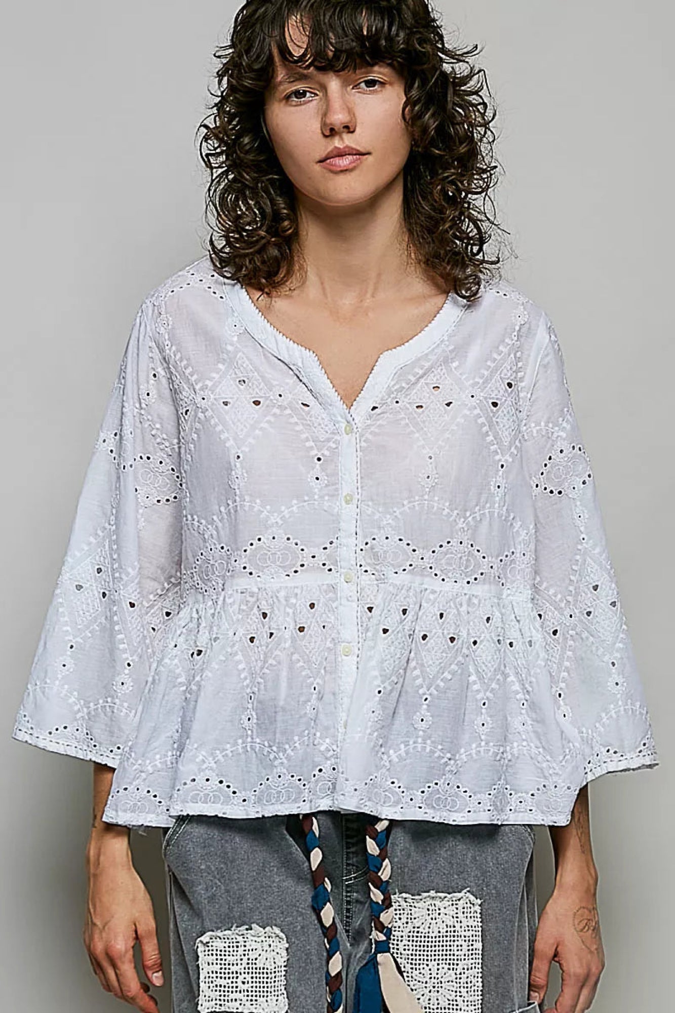 POL Eyelet Embroidery Peplum Button Front Cotton Shirt - EKOMSHOP product image