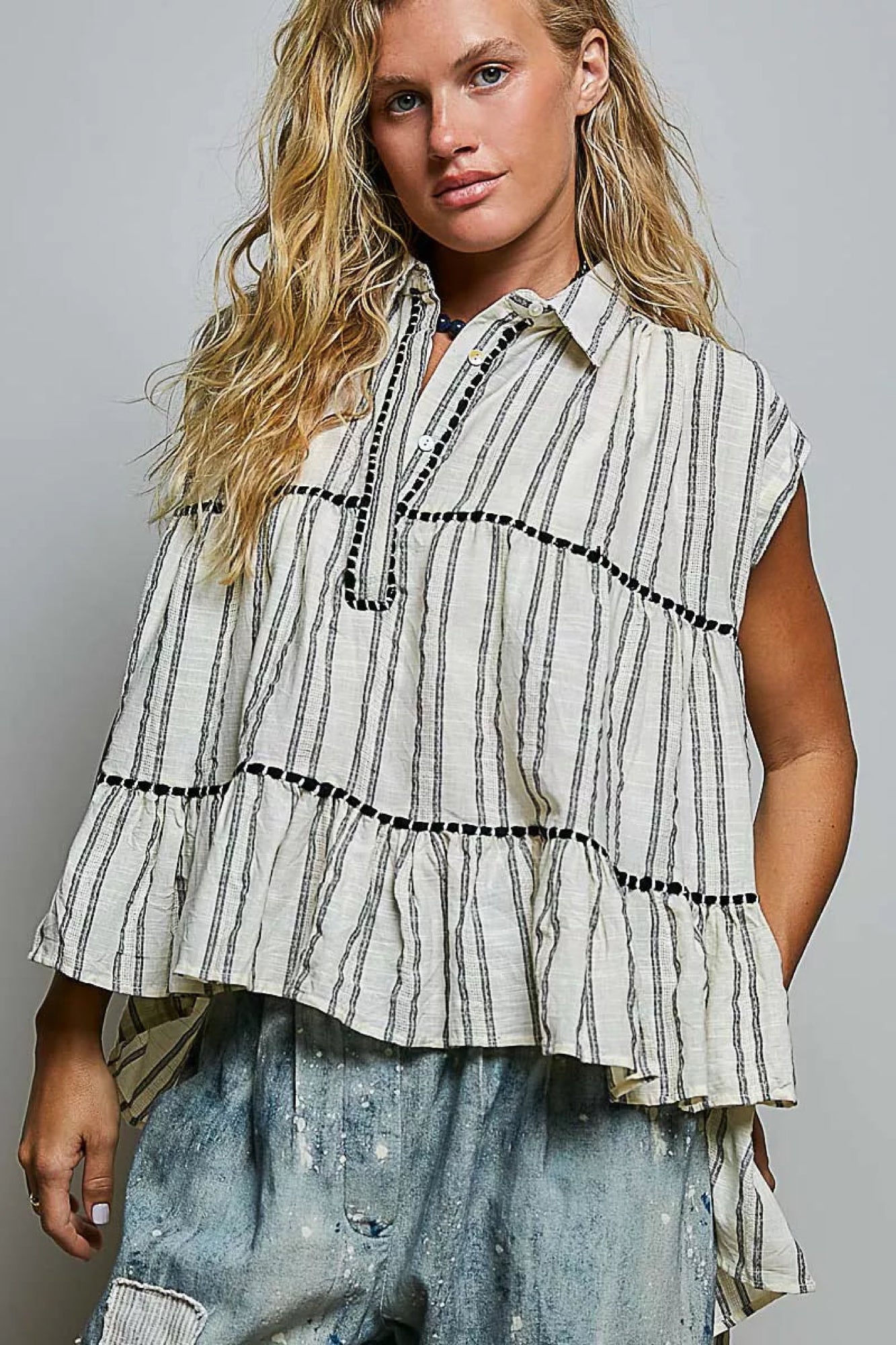POL Striped Ruffle Collared Sleeveless Cotton Top - EKOMSHOP product image