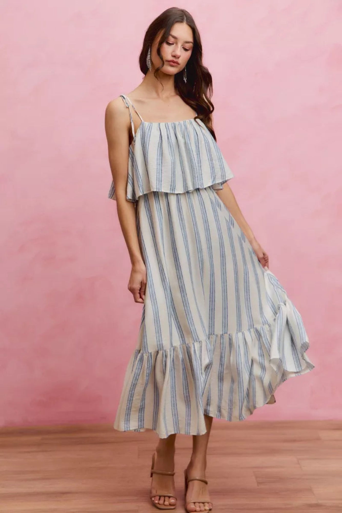 SO ME Stripe Tiered Shoulder Tie Midi Lined Dress - EKOMSHOP product image